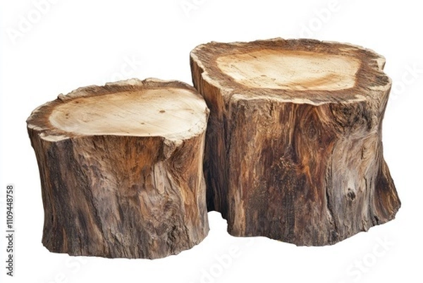Obraz  Two rustic wooden stumps, varying sizes, isolated on white background.