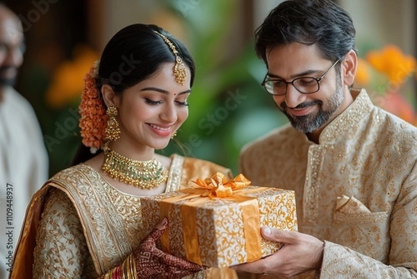 Obraz A happy Hindu husband in a traditional kurta giving a beautifully wrapped gift box to his smiling wife, dressed in a saree, during a festive occasion at home