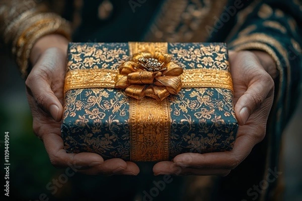 Obraz A happy Hindu husband in a traditional kurta giving a beautifully wrapped gift box to his smiling wife, dressed in a saree, during a festive occasion at home