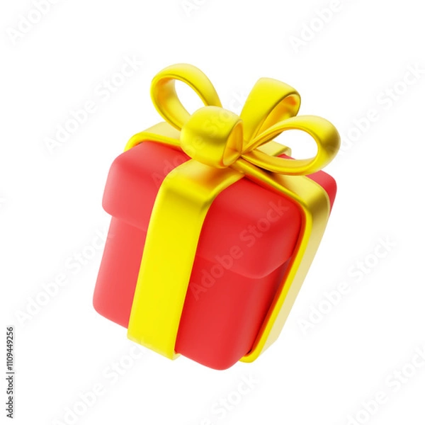Obraz 3d cartoon cute bright red gift box wrapped with shiny golden ribbon, tied in neat bow on white backdrop. Element for special give away, Christmas, holiday, birthday. 3d render vector illustration.