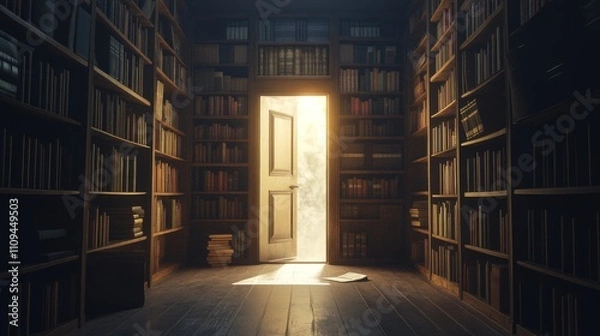 Obraz A Doorway to Knowledge:  A mystical library scene with a bright light emanating from an open door, symbolizing the endless possibilities of learning and discovery.