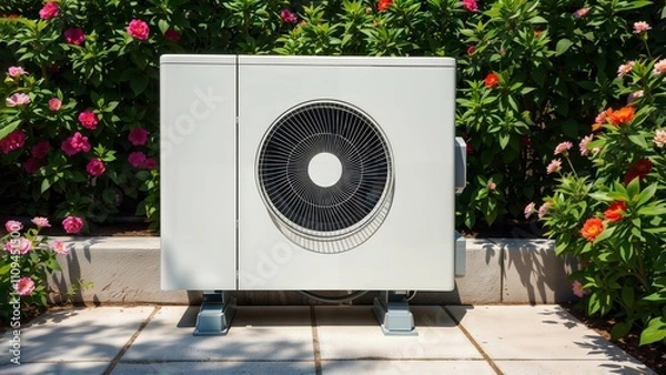 Fototapeta Heat Pump in a Garden. A white heat pump unit stands in a garden surrounded by colorful flowers, providing efficient climate control.