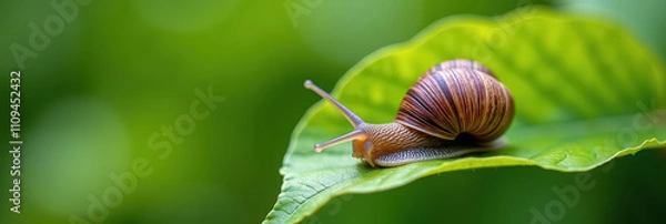Fototapeta A snail on a leaf with green background