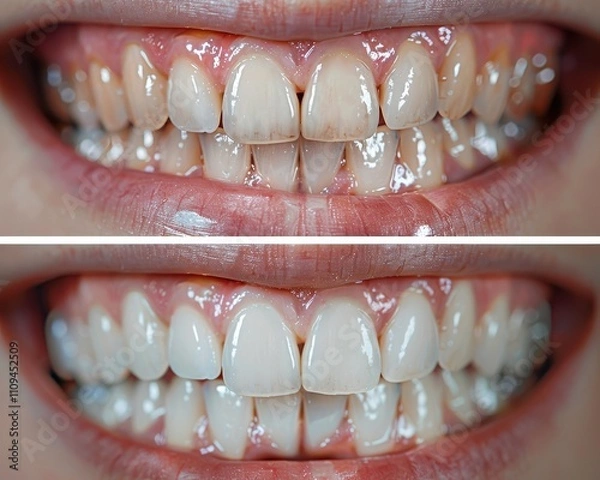 Obraz A side-by-side comparison of teeth showing the difference in alignment and whitening results before and after treatment.
