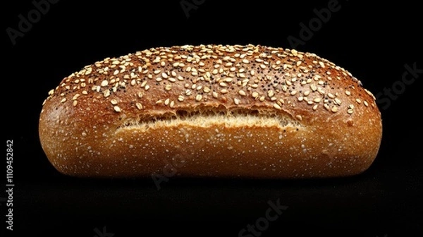 Fototapeta A loaf of sesame-seeded bread on a black background, showcasing its golden-brown crust and soft texture.