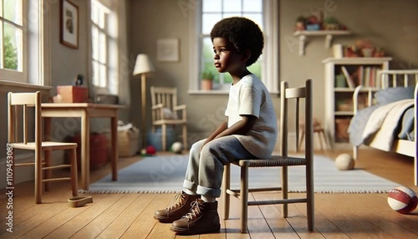 Fototapeta Lonely boy sitting in a dim room, reflecting sadness, anxiety, and childhood struggles. Ideal for themes of mental health, autism awareness, and emotional support