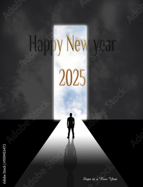 Fototapeta Happy new year 2025 greeting card, poster, web, social media post, post card, steps to new year, luxury, trendy , new greeting card