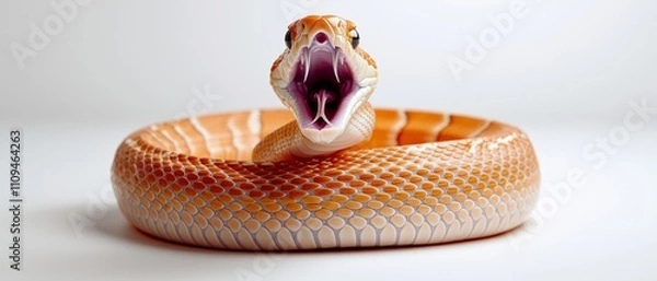 Fototapeta Vivid Close-up of Aggressive Orange Corn Snake with Open Mouth on Minimalist Gray Background - Wildlife Photography