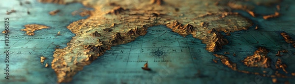 Fototapeta Close-up of an aged, textured map depicting a coastline with a sailing ship.