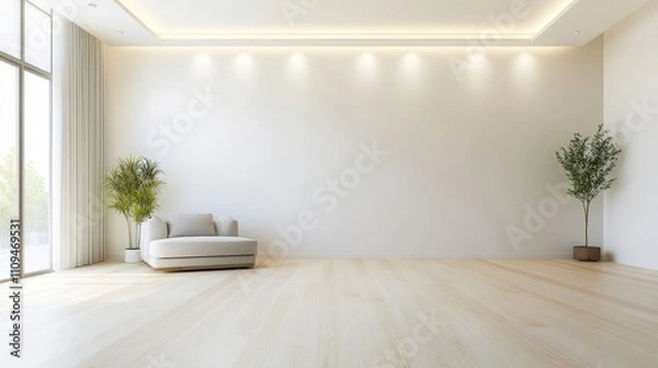 Fototapeta A large, empty room with a wooden floor and white walls