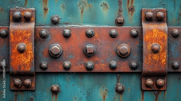 Obraz Textured Background of Rusty Metal Plates with Detailed Fasteners and Corroded Elements, Ideal for Industrial, Vintage, and Abstract Designs