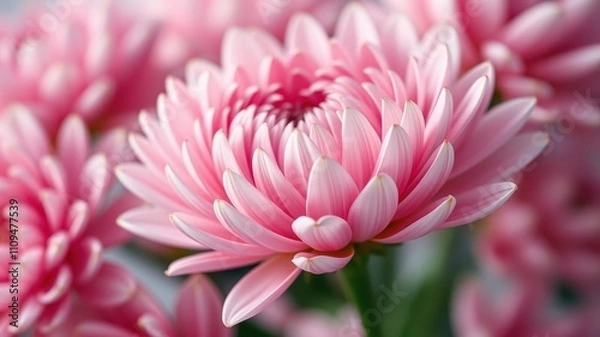 Fototapeta A single, delicate pink blossom, its petals unfurling with soft, intricate details, stands out against a backdrop of similar flowers in a gentle, muted focus.