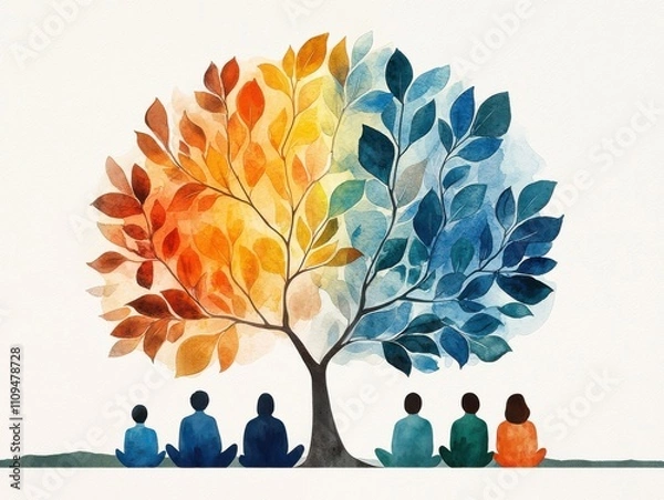 Fototapeta A vibrant tree symbolizes unity among diverse individuals.