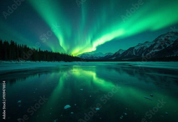 Fototapeta Aurora borealis reflected in frozen lake with snow capped mountains.