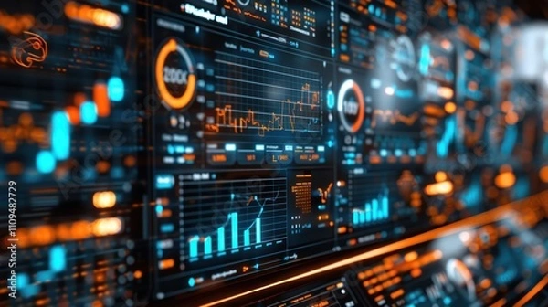 Obraz Futuristic digital dashboard displaying graphs, charts, and data visualizations.