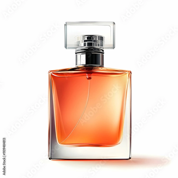 Fototapeta Portrait of an elegant square perfume bottle with orange liquid, white background