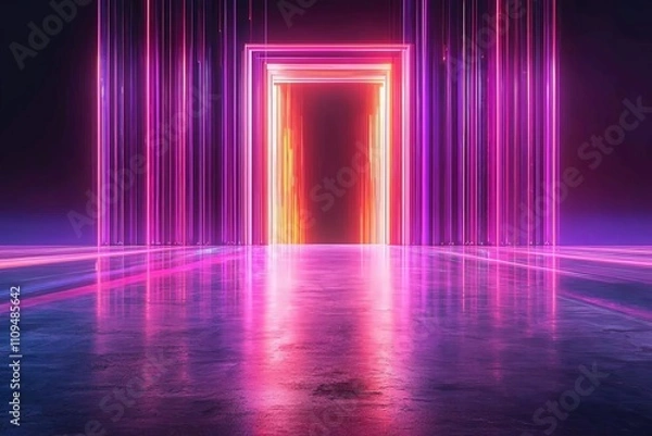 Fototapeta A vibrant neon door glowing in colorful lights, creating a futuristic atmosphere.