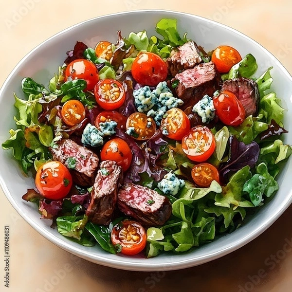 Obraz A white bowl filled with a salad of lettuce, tomatoes, and blue cheese