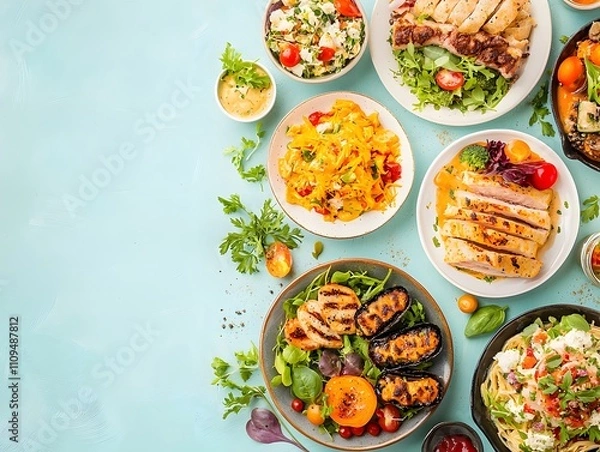 Obraz A beautifully arranged catering service with vibrant meals and space for text beside the food.