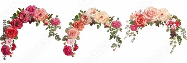 Fototapeta A floral arch with roses in various shades of pink and red, in the style of clipart, white background