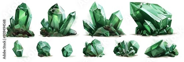 Fototapeta A set of emerald crystals, a conceptual digital painting in the style of a cartoon on a white background
