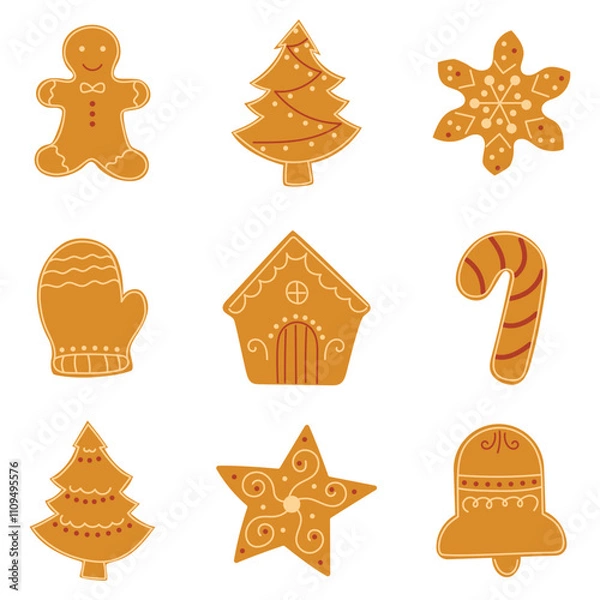 Fototapeta Vector set of gingerbread Christmas cookies. An adorable collection of classic gingerbread cookies - gingerbread man, Christmas tree, snowflake, mitten, lollipop, house, star and bell