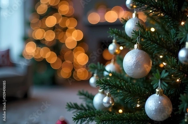 Obraz Christmas white ornament and Christmas tree closeup, bokeh on lights background. Christmas and New Year greeting card