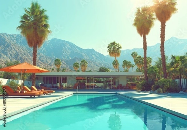 Fototapeta Modern luxury villa with a shimmering pool surrounded by palm trees and mountains under a bright blue sky, perfect for summer vacations and relaxation