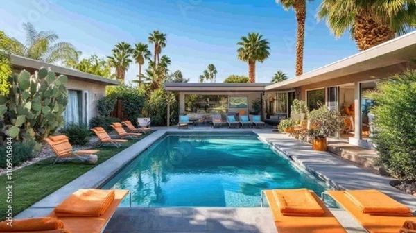 Fototapeta A backyard pool surrounded by lounge chairs and palm trees, creating a perfect summer oasis.