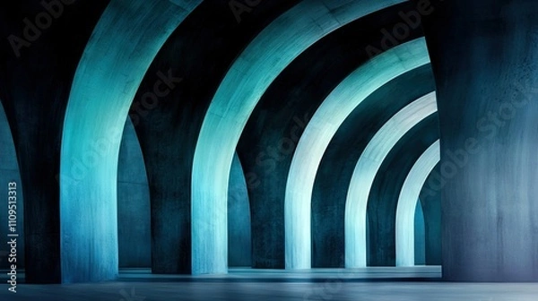Fototapeta   A black-and-blue photo captures a spacious room featuring tall columns and a brilliant light emanating from the far end