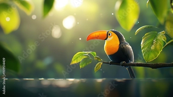 Fototapeta   A toucan perched on a tree branch against a green leaf backdrop with sunlight illuminating the scene