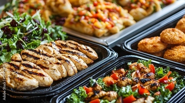 Fototapeta A catering service focusing on health-conscious meals like grilled chicken and fresh salads compared to a fast food section with greasy foods.