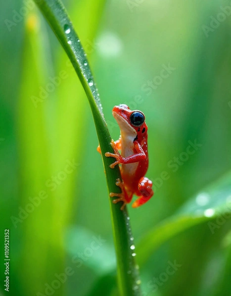 Fototapeta Vibrant Red Poison Dart Frog Ranitomeya Reticulata Perched on Tall Blade of Grass in Light Rain