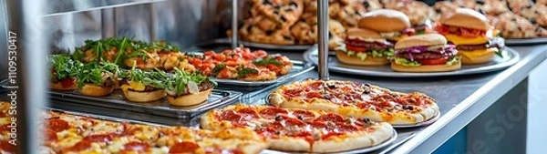 Obraz A clean and simple catering display featuring vibrant, fresh food contrasted by a cluttered fast food corner filled with pizzas and burgers.