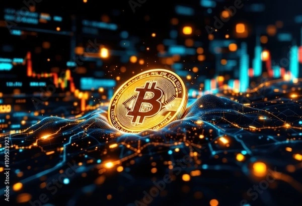Fototapeta Bitcoin cryptocurrency coin floating over futuristic glowing data flow