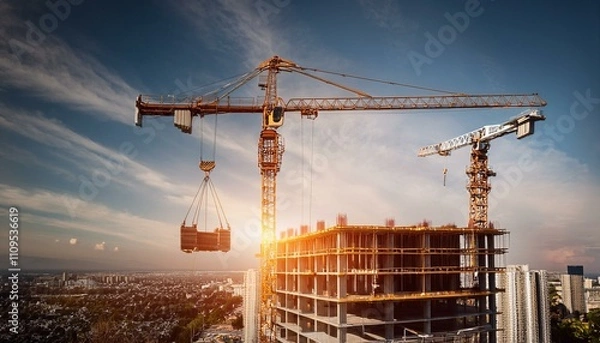 Obraz 고층 건물 공사 현장에서 타워크레인이 자재를 올리고 있는 장면