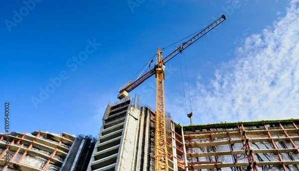 Obraz 고층 건물 공사 현장에서 타워크레인이 자재를 올리고 있는 장면