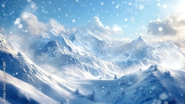 Fototapeta Snowy mountain backdrop with shining details and text Merry Christmas in the image