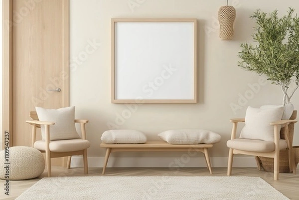 Fototapeta Cozy Scandinavian interior design with beige walls, wooden furniture, minimalist decor, and empty frame for artwork in a warm and inviting atmosphere
