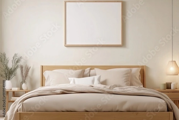Fototapeta Stylish and Minimalist Bedroom with Cozy Bedding, Neutral Color Palette, Wooden Furniture, and Soft Lighting for Relaxation and Comfort