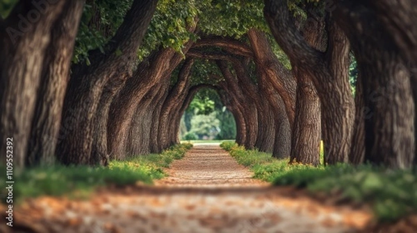 Fototapeta Tree-lined path creates a natural archway.