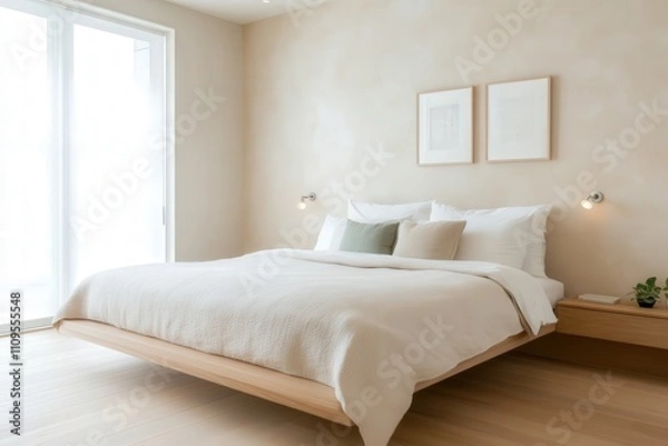 Fototapeta Modern minimalist bedroom with natural light, soft bed linens, wooden bed frame, simple decor, and calming color palette creating a serene atmosphere
