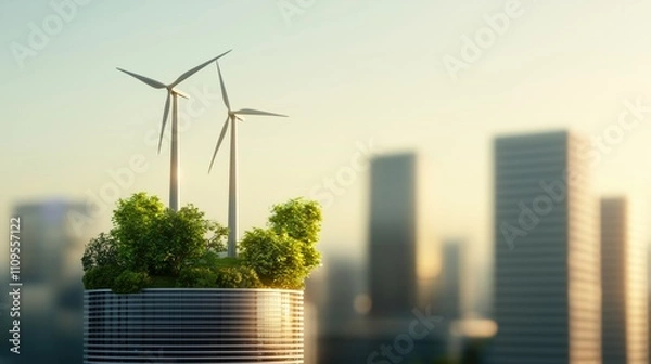 Fototapeta Green technology, the future concept of sustainable energy, wind turbine, wind energy for smart city, renewable energy to businesses, people, and smart city, new generation of power, generative ai