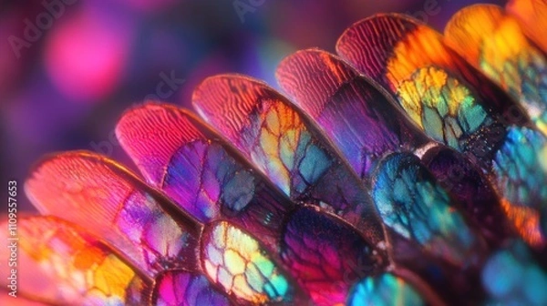 Fototapeta Stunning Colorful Close-Up of Iridescent Feather Texture Showcasing Vibrant Hues and Intricate Patterns in a Nature-Inspired Macro Photography Shot