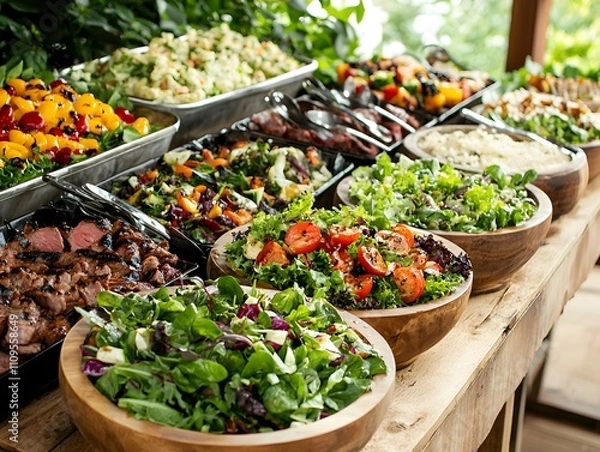 Obraz A farm-to-table catering buffet showcasing fresh, organic salads and grilled meats with room for messaging.