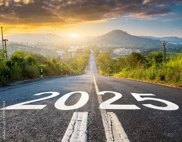 Fototapeta Number of 2022 to 2025 on asphalt road surface with marking lines, happy new year concept
