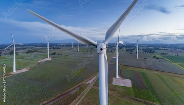 Fototapeta 거대한 터빈 블레이드가 회전하며 풍력을 생산하는 풍력발전기 단지