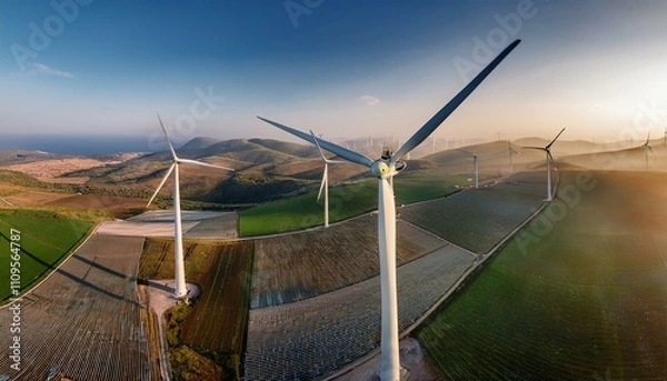 Fototapeta 거대한 터빈 블레이드가 회전하며 풍력을 생산하는 풍력발전기 단지