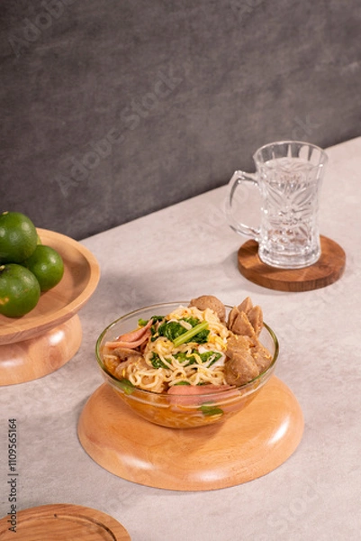 Obraz a bowl of seblak topped with meatballs and sausage