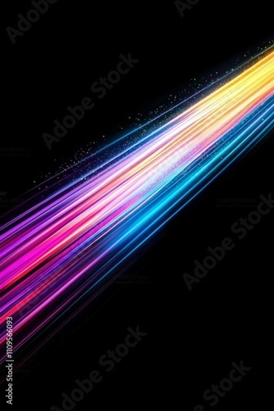 Fototapeta Vibrant and colorful light trails gracefully weave together, producing a striking dynamic motion blur effect that stands out beautifully against a sleek and elegant black background